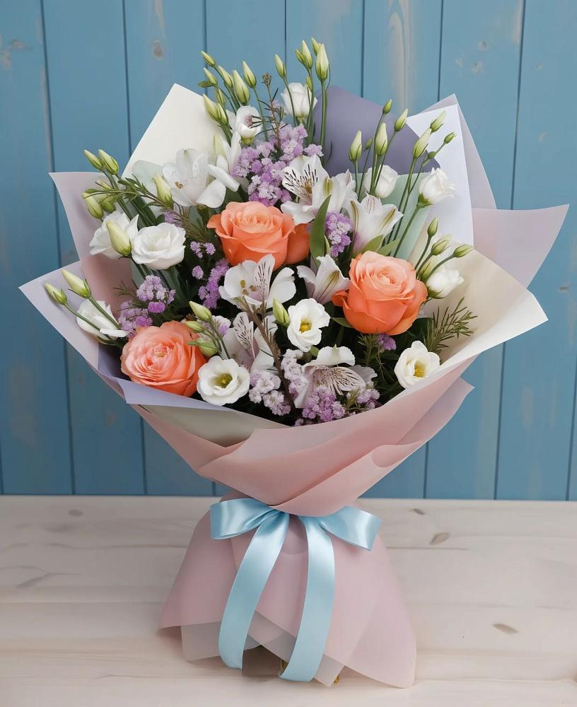 Букет цветов из: Лизиантусы, Розы, Альстромерии и Гипсофила в Порхове
