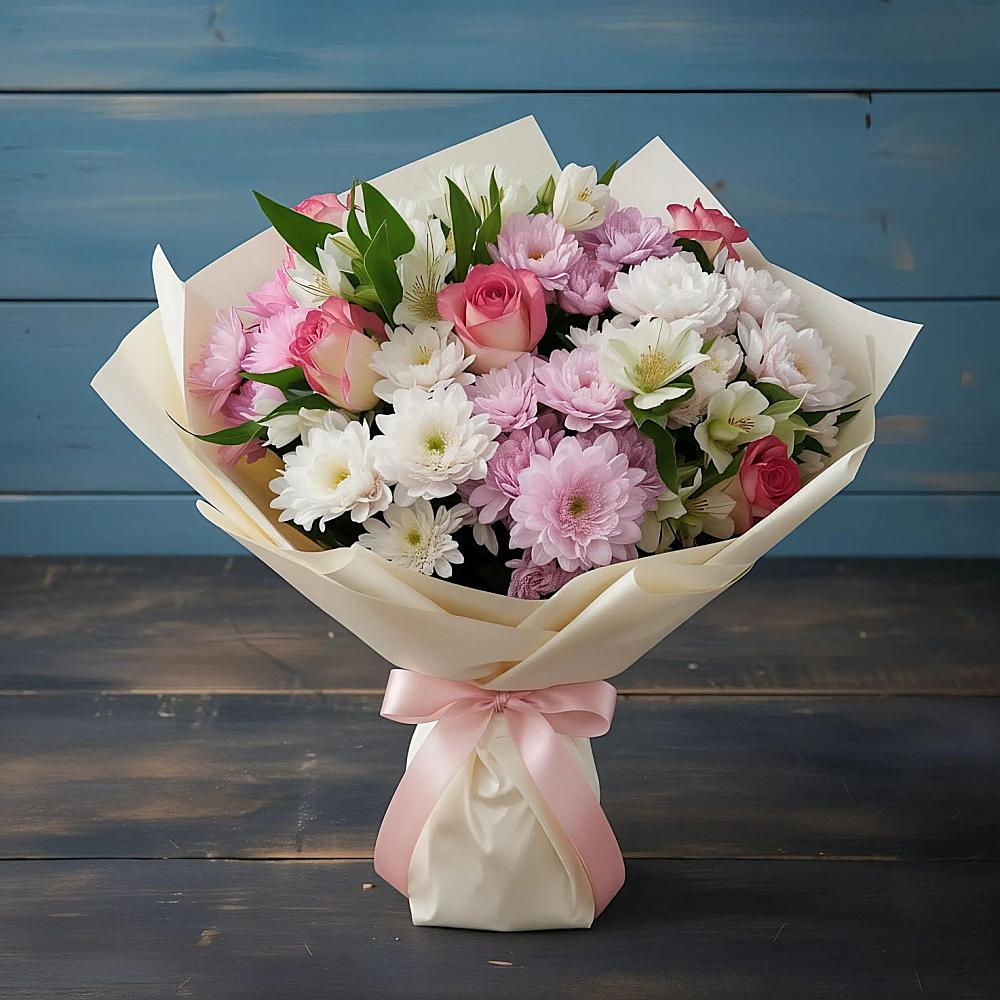 Букет цветов из: Хризантемы, Альстромерии и Розы в Порхове